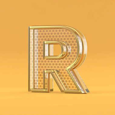 Turuncu arkaplanda izole edilmiş altın tel ve cam yazı tipi harfi R 3D görüntüleme