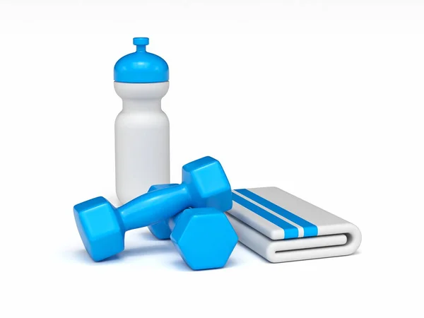 Vit Blå Fitness Vikter Med Handduk Och Plast Vattenflaska Rendering — Stockfoto
