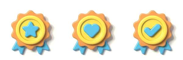 Blau Gelb Orangefarbenes Abzeichen Symbol Mit Stern Herz Und Häkchen — Stockfoto