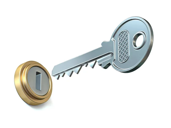 Κλειδί Και Κλειδαρότρυπα Αποτύπωση Απομονωμένη Λευκό Φόντο — Φωτογραφία Αρχείου