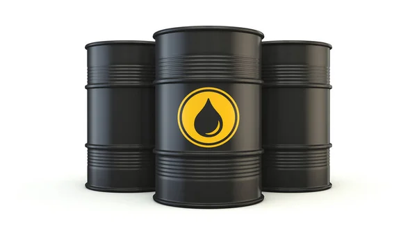 Three Black Oil Barrels Rendering Illustration Isolated White Background — Stock Photo, Image