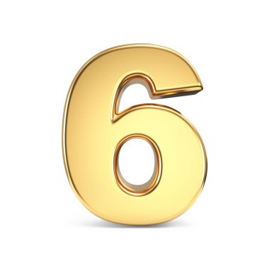 Basit altın yazı tipi numara 6 SIX 3D resimleme beyaz arkaplanda izole edildi