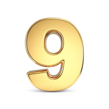 Basit altın yazı tipi numara 9 NINE 3D resimleme beyaz arkaplan üzerinde izole