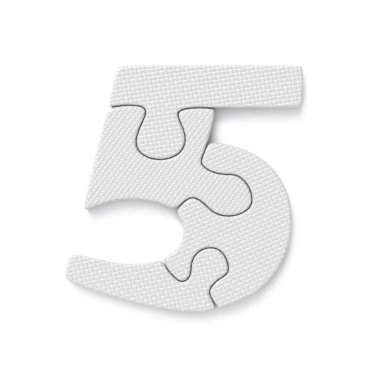 Beyaz yapboz yazı tipi 5 Numara 5VE 3D resimleme beyaz arkaplan izole