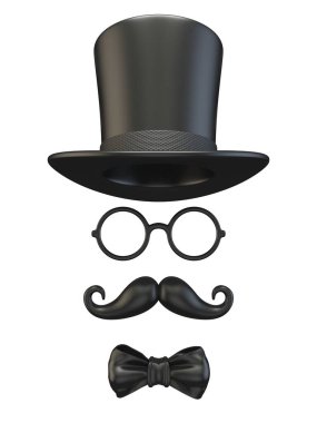 Silindirli, gözlüklü, bıyıklı ve papyonlu siyah adam maskesi beyaz arkaplanda izole edilmiş 3D görüntü