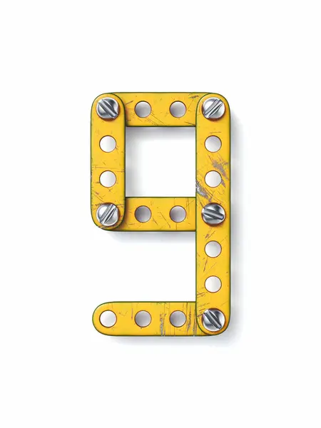 Aged Yellow Constructor Font Number Nine Rendering Illustration Isolated White Stock Picture