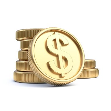 Dolar para birimi sembollü altın sikkeler beyaz arkaplanda izole edilmiş resimlendirme 3D