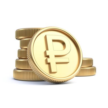 Ruble para birimi sembollü altın sikkeler beyaz arkaplanda izole edilmiş resimlendirme 3D
