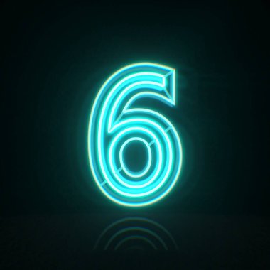 Cyan mavi neon kablo numara 6 SIX 3D resimleme siyah arkaplan üzerinde izole