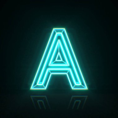 Cyan mavi neon yazı tipi Harf A 3D resimleme siyah arkaplan üzerinde izole