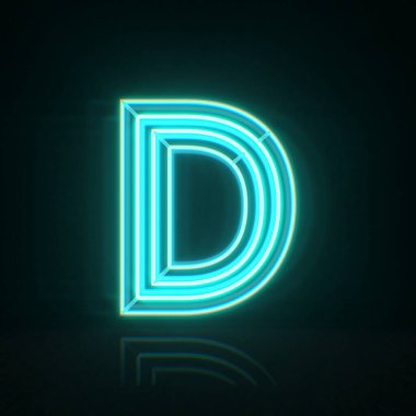 Cyan blue neon wire font Letter D 3D rendering illustration isolated on black background clipart