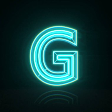 Cyan mavi neon yazı tipi Harf G 3D resimleme siyah arkaplan üzerinde izole