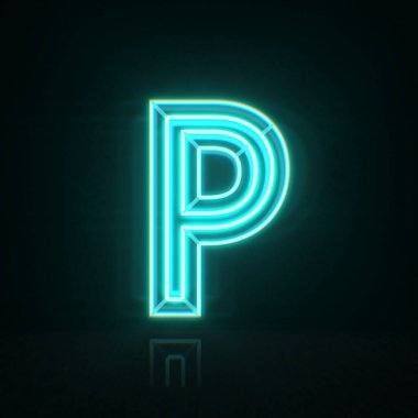 Cyan mavi neon yazı tipi Harf P 3D resimleme siyah arkaplan üzerinde izole