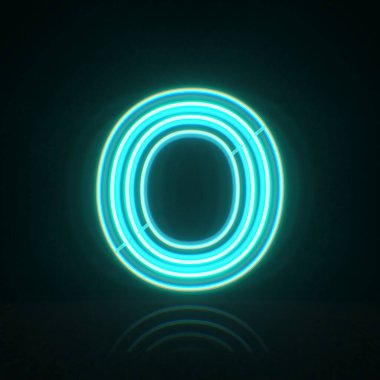 Cyan mavi neon yazı tipi Harf O 3D resimleme siyah arkaplan üzerinde izole