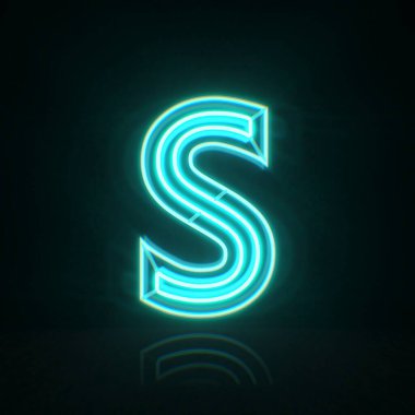 Cyan mavi neon yazı tipi harf S 3D resimleme siyah arkaplan üzerinde izole