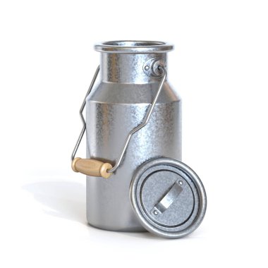 Süt 3D görüntüleme için metal kabı beyaz arkaplanda izole edildi