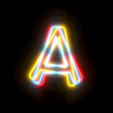 Siyah arkaplanda izole edilmiş üç renk neon yazı tipi harfi A 3B resim çizimi