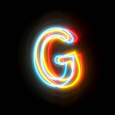 Üç renk neon yazı tipi harf G 3D resimleme siyah arkaplan üzerinde izole