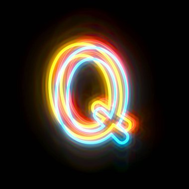 Siyah arkaplanda izole edilmiş üç renk neon yazı tipi harfi Q 3D resimleme