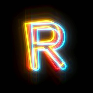 Üç renk neon yazı tipi harf R 3D resimleme siyah arkaplan üzerinde izole