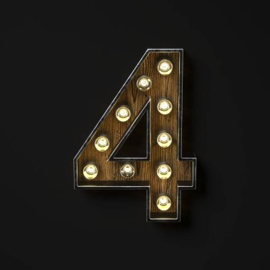 Siyah arkaplanda 4 numara 4 numaralı ampul 3 boyutlu görüntüleme izole edildi