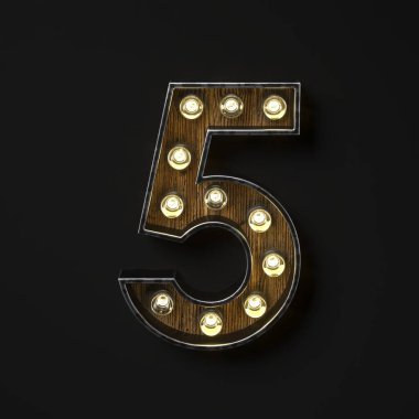 5 Numara 5VE 3D parlayan ampul çizimi siyah arkaplanda izole edildi