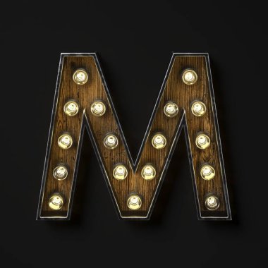 Simsiyah arkaplanda izole edilmiş, M 3D harfiyle parlayan ampul.