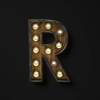 Ampul parlayan harf R 3D resimleme siyah arkaplan üzerinde izole