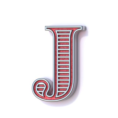 Kırmızı gümüş renkli yazı tipi Harf J 3D resimleme beyaz arkaplanda izole edildi