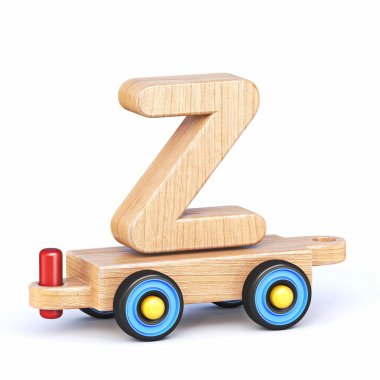 Tahta oyuncak tren yazı tipi harf Z 3D resimleme beyaz arka planda izole