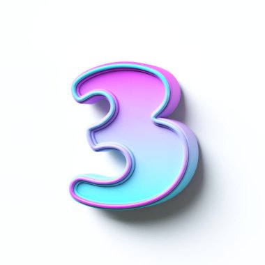 Pembe mavi çizgi film yazı tipi 3 numara 3 boyutlu resimleme beyaz arkaplanda izole edildi