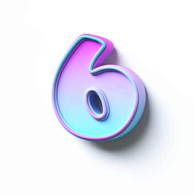Pembe mavi çizgi film yazı tipi 6 numara SIX 3D görüntüleme beyaz arkaplanda izole edildi