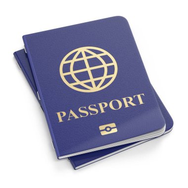 Beyaz arkaplanda bir çift mavi pasaport 3D görüntüleme