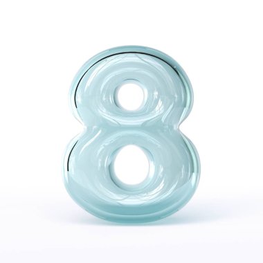 Mavi cam yazı tipi 8 numara 8 numara 3 boyutlu resimleme beyaz arkaplanda izole edildi