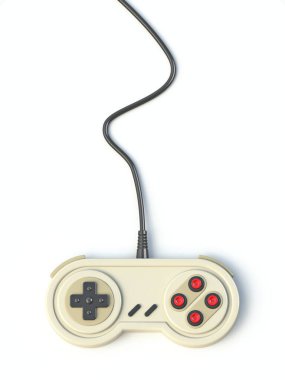 Vintage video oyunu denetleyici Üst görünüm 3B görüntüleme çizimi beyaz arkaplanda izole edildi