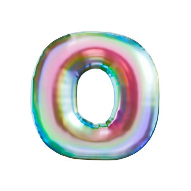 Beyaz arkaplanda izole edilmiş üç renk gradyan holografik metal yazı tipi O 3D resim