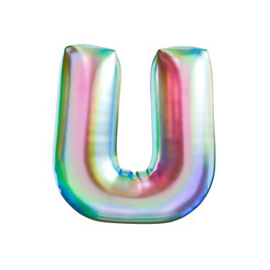 Üç renk gradyan holografik metal yazı tipi U 3D resim çizimi beyaz arkaplanda izole edildi