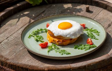 Sosisli yumurta, pastırma ve yumurta tabakta..