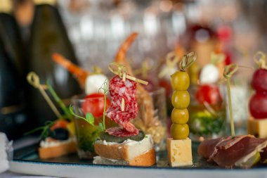 Çeşit çeşit peynir ve şarap ve aperatifler..