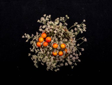 Siyah arka planda bir buket çiçek..