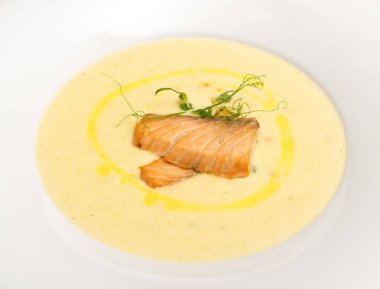 soup with salmon and vegetables on a white background