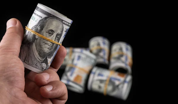 Several Rolled Bundles 100 American Dollars Bills Black Background — Stock Photo, Image