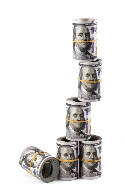 Vários Pacotes Enrolados Notas 100 Dólares Americanos Fundo Branco — Fotografia de Stock