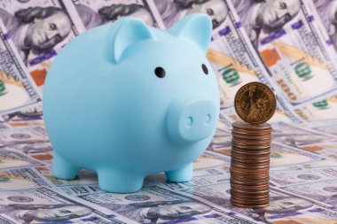 Mavi bir kumbara ve 100 Amerikan dolarının arka planına karşı bir sütun Amerikan sikkesi.