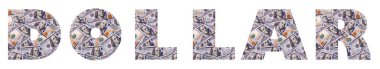 DOLLAR kelimesi, beyaz arka planda 100 Amerikan doları banknotlarını gösteren harflerden oluşuyor.