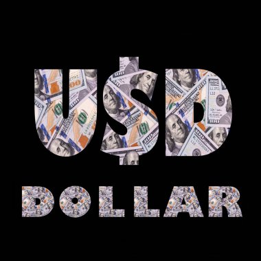 USD abbreviation and the word DOLLAR depicting 100 american dollar banknotes on a black  background