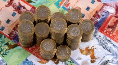 Columns of many coins in denominations of 100 Kazakhstani tenge against the background of Kazakhstani banknotes