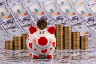 Coin in denomination of 1 American dollar against the background of columns of gold coins and banknotes