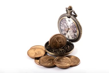 Coins in denominations of 1 american dollars and vintage pocket watch on a white background