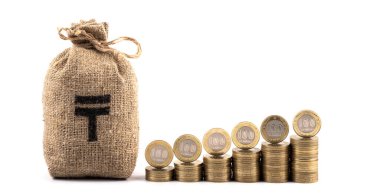 İçinde Kazak para birimi sembolü olan para çantası - 100 tenge 'lik bir madeni paranın tenge ve sütunları